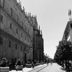 Black and white image of a Seville street with historical buildings and pedestrians. jigsaw puzzle