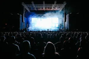 A large outdoor concert audience enjoying a live music event with vibrant lights at night. jigsaw puzzle