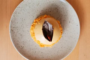 A delicious dessert topped with a chocolate garnish served on a speckled plate. Ideal for culinary magazines. jigsaw puzzle