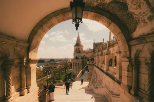 View through an archway at Fisherman's Bastion in Budapest, Hungary. Warm tones, historic atmosphere. jigsaw puzzle