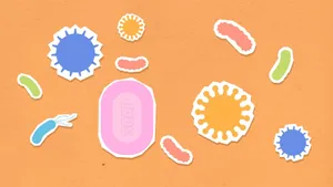Vibrant illustration of soap and viruses on an orange background, emphasizing hygiene. jigsaw puzzle