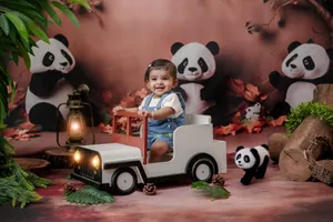 Charming scene of happy baby in toy car surrounded by playful panda decor. jigsaw puzzle