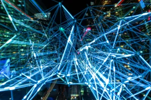 Dynamic urban scene showcasing interconnected light trails representing digital communication networks. jigsaw puzzle