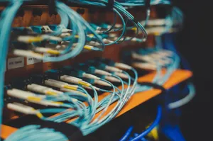 Closeup of many cables with blue wires plugged in modern switch with similar adapters on blurred background in modern studio jigsaw puzzle