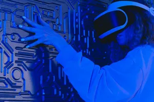A woman wearing a VR headset touches a textured wall in a blue-lit futuristic environment. jigsaw puzzle