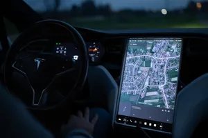 Explore the advanced touchscreen navigation in a modern electric vehicle's sleek interior at night. jigsaw puzzle