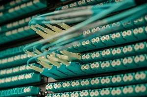Detailed view of fiber optic cables connected to a server rack, showcasing modern technology. jigsaw puzzle