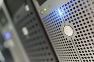 Focused detail of a modern server rack with blue LED indicators in a data center. jigsaw puzzle