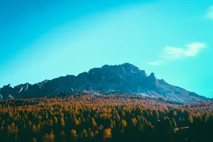 Breathtaking view of a mountain range with autumnal trees and bright blue sky, perfect for nature enthusiasts. jigsaw puzzle