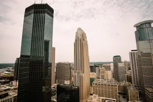 Aerial view of Minneapolis skyline featuring Wells Fargo Center and other skyscrapers. jigsaw puzzle