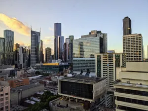 Stunning aerial view of Melbourne's skyline with modern skyscrapers at dusk. jigsaw puzzle