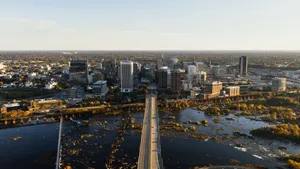 Explore an aerial perspective of the iconic Richmond, Virginia skyline during the day. jigsaw puzzle
