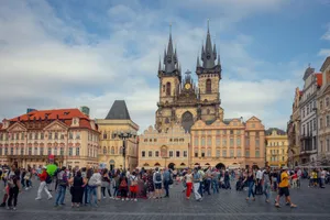 Crowds gather in Prague's Old Town Square, with the Church of Our Lady Before Týn. jigsaw puzzle