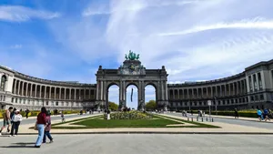 People enjoying a sunny day at the iconic Cinquantenaire Arch in Brussels, Belgium. jigsaw puzzle