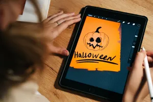 Close-up of a digital Halloween drawing on a tablet featuring a jack-o-lantern design, perfect for creative projects. jigsaw puzzle