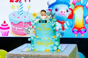 Vibrant 1st birthday cake with cartoon decorations and bright colors. jigsaw puzzle