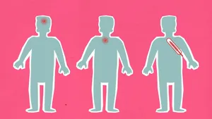 Cardboard illustration of human figures with viruses causing aches  and thermometer indicating fever during COVID 19 pandemic on pink background jigsaw puzzle