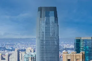 Modern skyscraper with glass facade in New Jersey's urban skyline. jigsaw puzzle