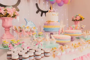 A vibrant unicorn-themed birthday party setup with cakes, cupcakes, and decorations. jigsaw puzzle