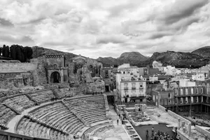 Black and white photo of the Roman theatre in Cartagena showcasing historical architecture. jigsaw puzzle