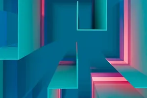 Vibrant abstract geometric design featuring teal and pink hues with depth and dimension. jigsaw puzzle