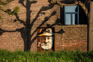 Urban street art of a bearded man on a brick wall with shadow of tree branches. jigsaw puzzle