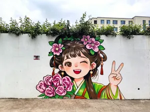 Colorful anime mural depicting a character with flowers, peace sign, on a city wall. jigsaw puzzle