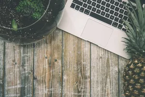 Flat lay of a laptop, pineapple, and plant on a rustic wooden table. Ideal for tech and lifestyle themes. jigsaw puzzle