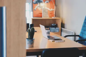 A modern office desk setup featuring a cactus plant, laptop, and stylish decor in a contemporary office space. jigsaw puzzle