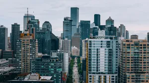Aerial view of Seattle's downtown skyline showcasing modern skyscrapers and urban architecture. jigsaw puzzle