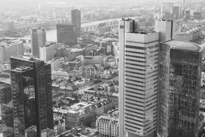 A stunning aerial view of Frankfurt am Main's modern high-rise skyline in black and white. jigsaw puzzle