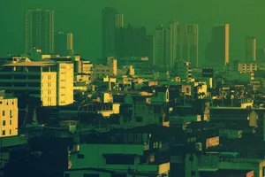 A dramatic view of Bangkok's skyline with tall buildings and a green hue tint at dawn. jigsaw puzzle
