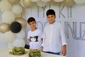Two boys celebrating a birthday with cakes, balloons, and a festive backdrop. jigsaw puzzle