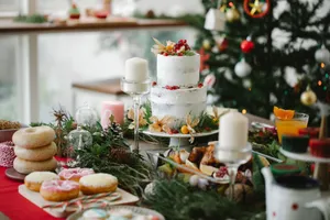 Assorted sweet treats and baked dish on table with cocktail during New Year holiday in house jigsaw puzzle