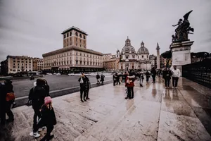 View of Santa Maria di Loreto and bustling streets in Rome under a cloudy sky. jigsaw puzzle