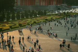 A vibrant scene of people exploring the plaza by the National Concert Hall in Taipei, Taiwan. jigsaw puzzle