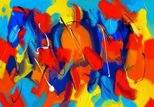 Dynamic abstract painting featuring vivid blues, reds, and yellows in a modern art style. jigsaw puzzle