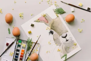 A watercolor painting of a bunny surrounded by eggs and mimosa flowers. jigsaw puzzle