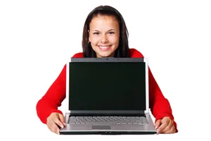 A young woman in a red sweater holding a laptop with a blank screen. jigsaw puzzle