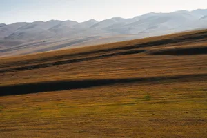 A serene view of rolling hills and distant mountains under a clear sky, portraying natural beauty. jigsaw puzzle