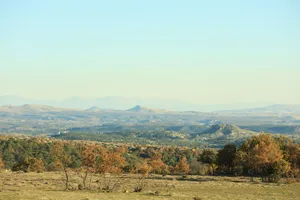 Expansive view of an autumn landscape with mountains on the horizon under a clear blue sky. jigsaw puzzle