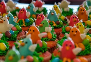 Colorful cupcakes with icing chick toppers, perfect for Easter celebrations and dessert lovers. jigsaw puzzle