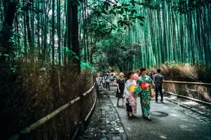 Tourists in traditional attire walk through Japan's iconic Arashiyama bamboo grove, capturing the tranquil essence of Kyoto's natural beauty. jigsaw puzzle