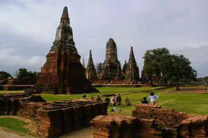 Ancient temple ruins at Wat Chaiwatthanaram in Ayutthaya, Thailand with tourists. jigsaw puzzle