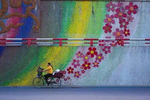 A cyclist rides past a vibrant mosaic wall with flower designs in an urban setting. jigsaw puzzle