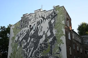 Dynamic mural featuring abstract and robotic designs on a Warsaw building wall. jigsaw puzzle