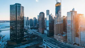 Stunning aerial view of Chicago's skyline at dusk highlighting modern skyscrapers and waterfront. jigsaw puzzle