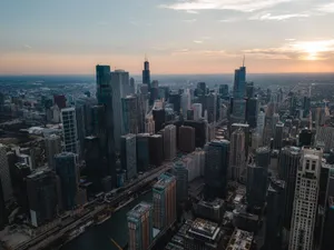 A breathtaking aerial shot of Chicago's skyline during sunset, showcasing the city's skyscrapers. jigsaw puzzle