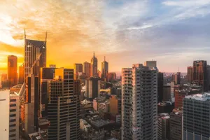 Stunning view of Melbourne's skyline at sunset, capturing modern skyscrapers and warm sky. jigsaw puzzle