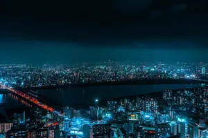 Captivating nighttime urban cityscape with illuminated buildings and river view. jigsaw puzzle